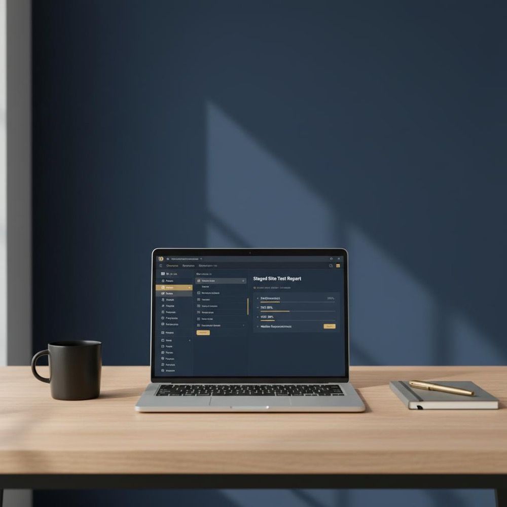 Minimalist developer desk with laptop showing WordPress admin and staged site test report, deep blue background and gold accents - is all in one seo any good?