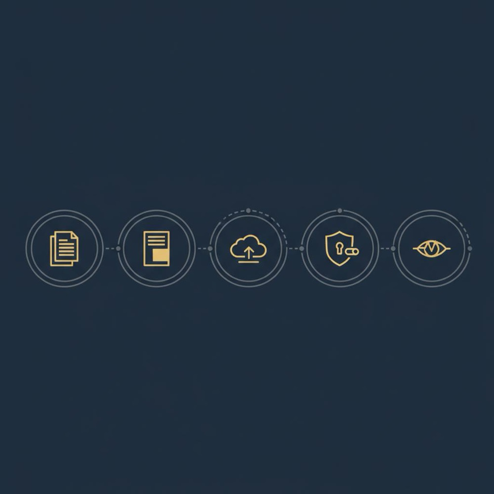 Minimal vector checklist infographic for data workflow showing icons for classify, redact, upload, permissions, monitor on dark navy background with gold accents - meta keywords