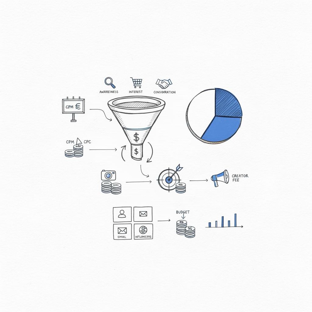 Hand-drawn funnel and budget pie chart on white paper showing icon sketches for CPM, CPC and creator fee connecting to acquisition cost - Instagram promotion price