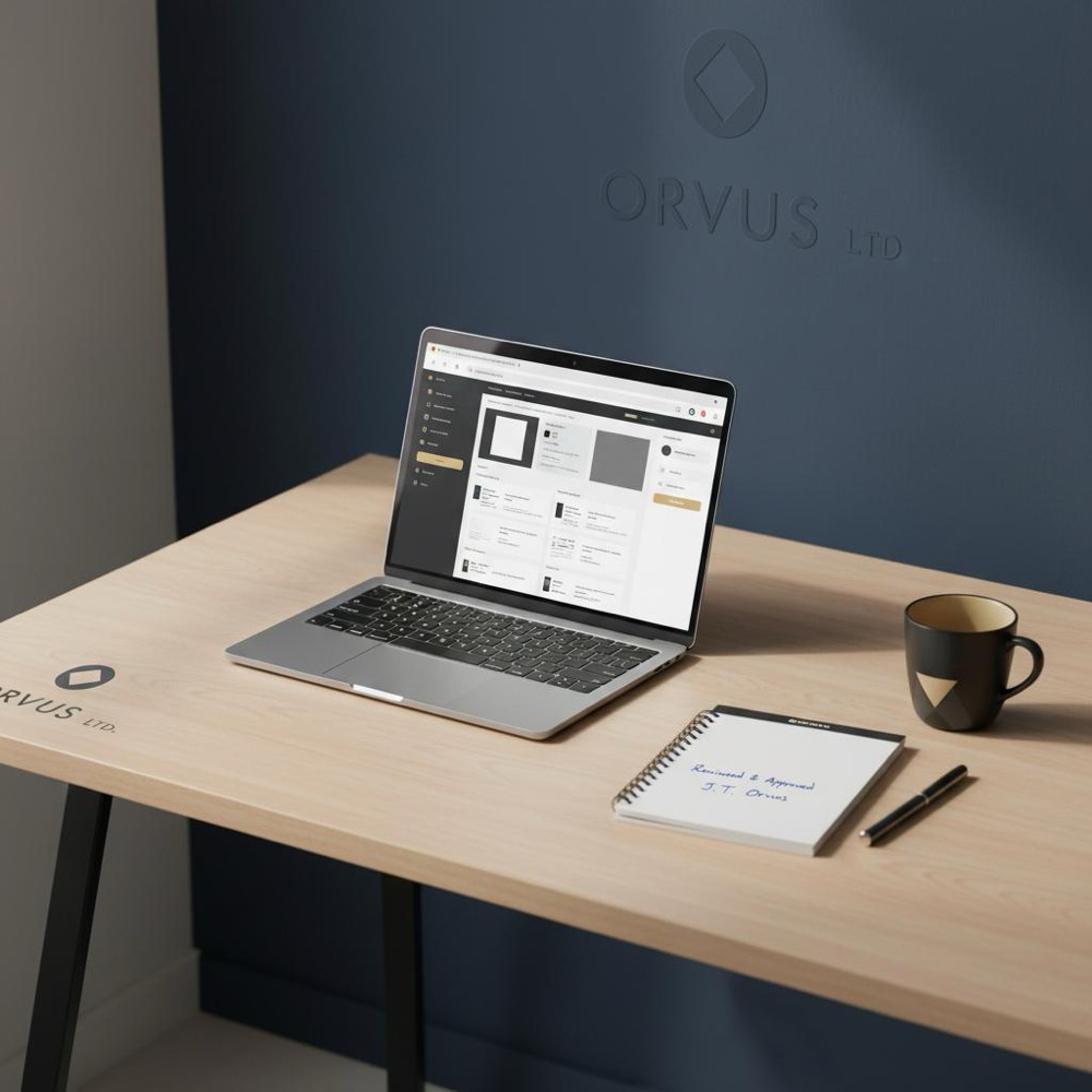 Photorealistic minimalist workspace with laptop showing a content editor and a notepad with handwritten reviewer sign-off, subtle Orvus Ltd. colors and natural light - 30% rule for AI