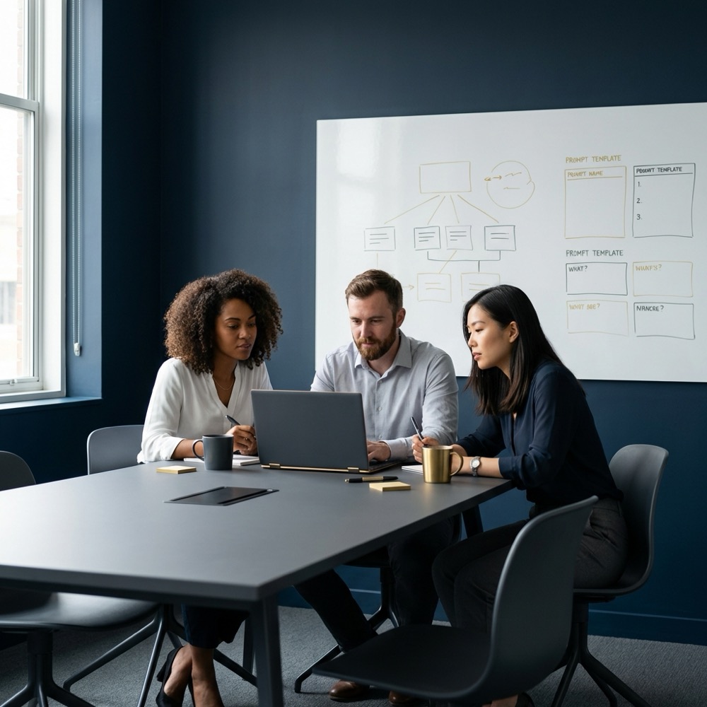 Small marketing team collaborating around a laptop and whiteboard with prompt templates and workflow diagrams in a minimalist meeting room styled with Orvus brand colors best ai for writing