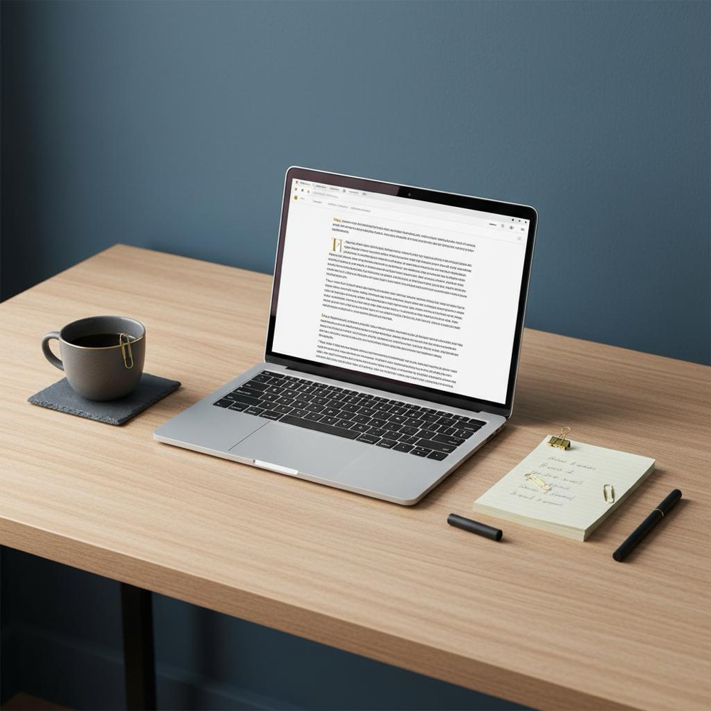 Minimalist editorial workspace with laptop showing a long-form article, handwritten notes and coffee cup, styled in Orvus Ltd. colors to illustrate the purpose of an advertorial.