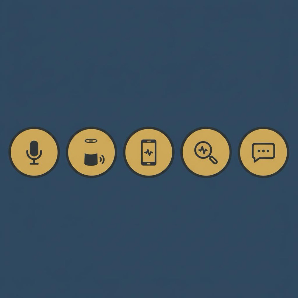 Minimal 2D vector infographic of five circular icons representing voice search platforms: microphone, smart speaker, smartphone, magnifier, and chat bubble on a navy #0B1E33 background.