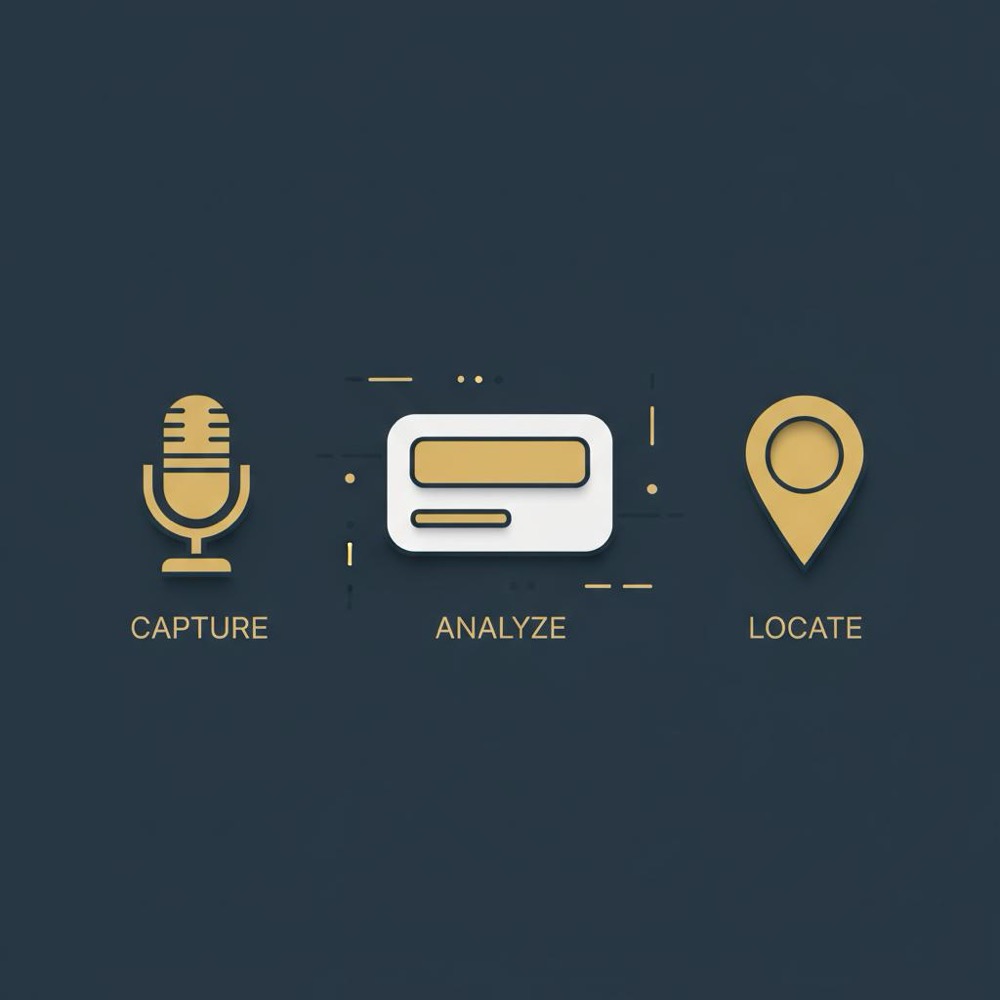 Minimal 2D vector infographic of a microphone icon, a featured snippet card and a map pin on dark blue background with gold and charcoal accents - voice search optimization.