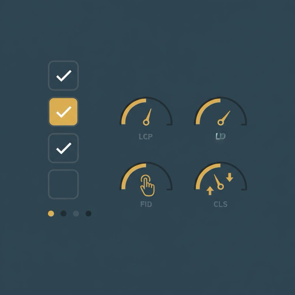 Minimal 2D vector infographic with a four-item checklist and three Core Web Vitals gauges illustrating four elements of a website, using Orvus brand colors.