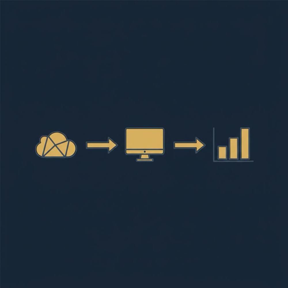 Minimalist vector infographic showing a left-to-right flow: cloud icon for discovery, desktop icon for diagnosis, and bar-chart icon for reporting connected by gold arrows on a navy background - Semrush vs SEO PowerSuite