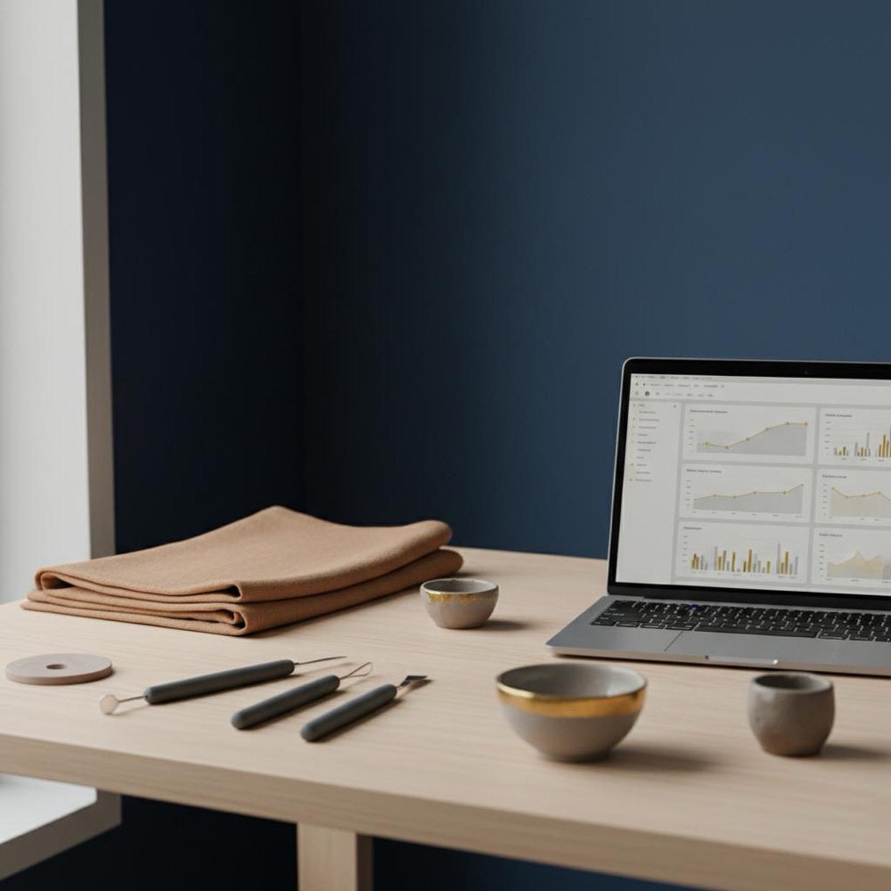 Minimalist small creative workspace with linens, ceramic tools and an open laptop showing a simple analytics dashboard, emphasizing product detail - eRank free