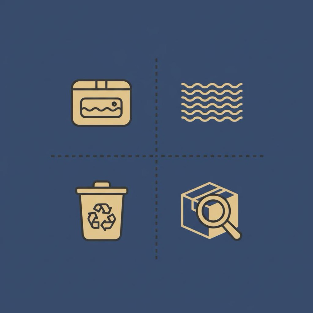 Minimal vector infographic grid of four packaging checklist icons (protection, materials, disposal, testing) in Orvus Ltd. palette on dark blue background - AIOSEO cost
