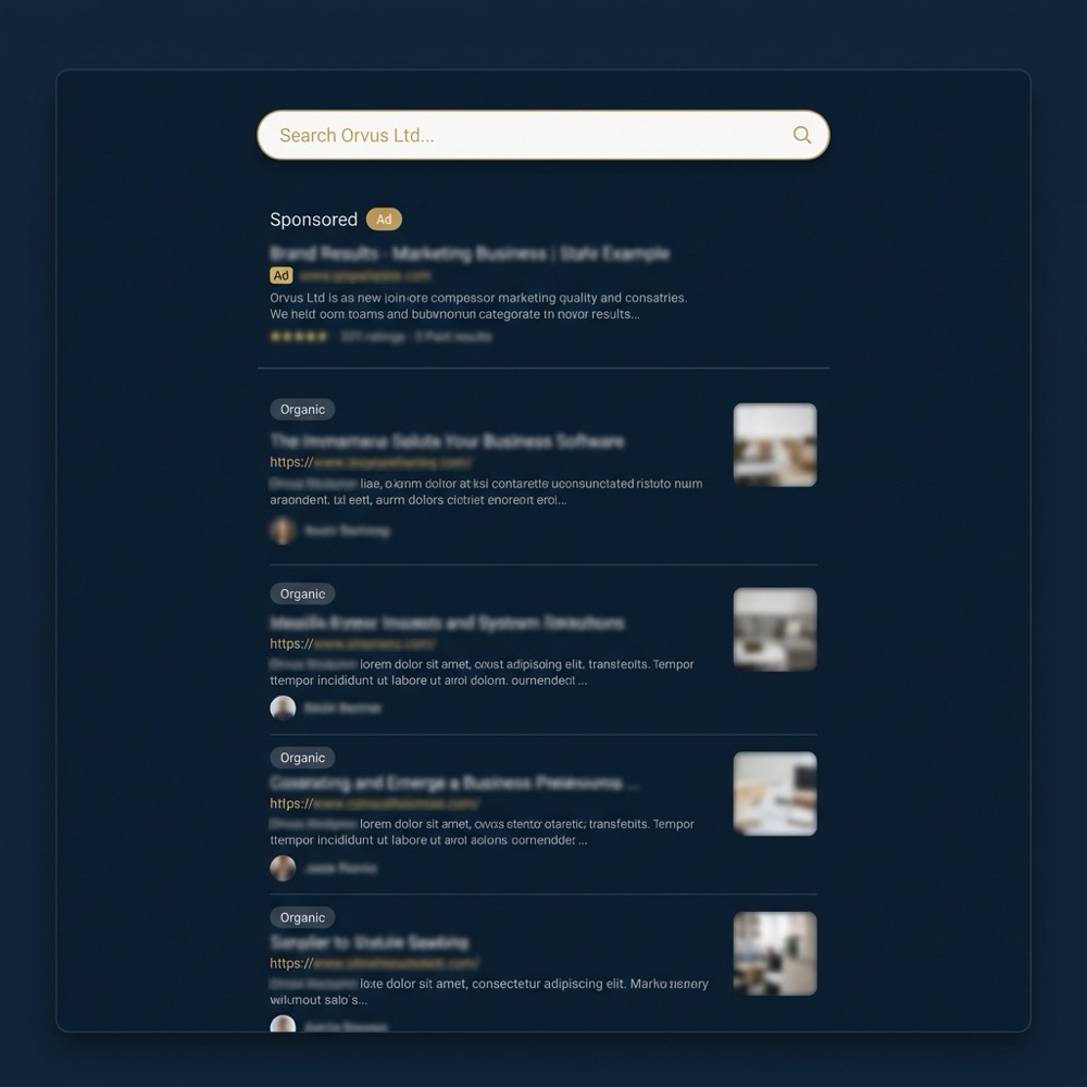 Minimalist full frame search results screenshot highlighting Ad and Organic labels with blurred snippets in Orvus Ltd brand colors for marketing sem