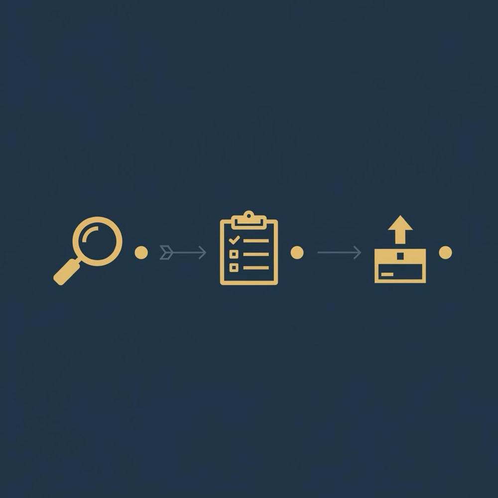 Minimalist 2D vector infographic showing three steps-search, audit, export-using magnifying glass, checklist and export arrow icons in Orvus brand colors. seoquake extension