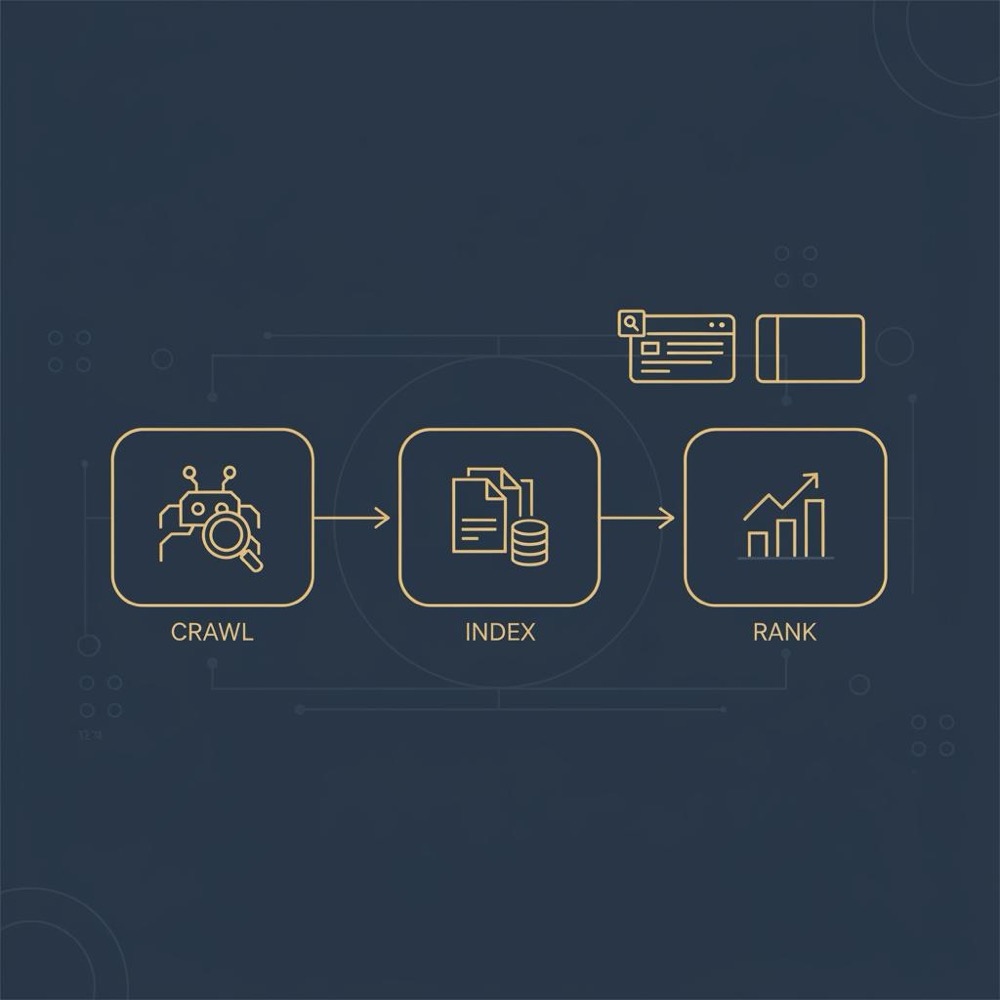 Compact vector infographic showing crawl → index → rank pipeline with SERP feature icons, illustrating the difference between SEO and organic search.