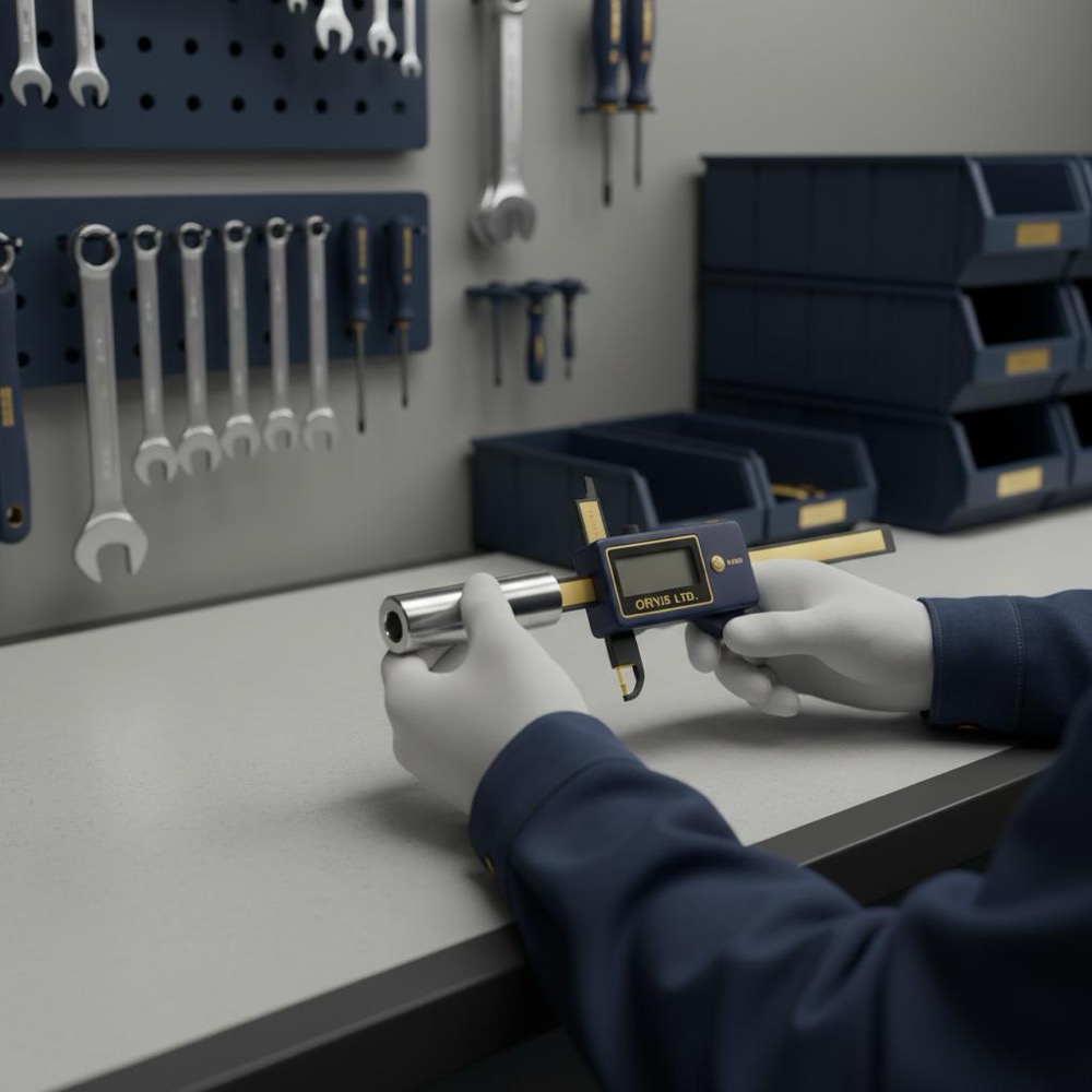 Close-up of technician measuring a precision part on a tidy factory bench with a calibrated gauge and soft-focused organized tools, using Orvus Ltd colors, alternatives to PageRank