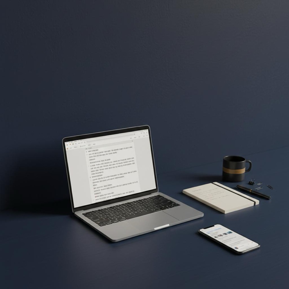 Is ChatGPT the best writing tool? Editorial photo of a minimalist desk with a laptop showing a text editor, a notebook with prompts, and a smartphone with social drafts, subtle Orvus Ltd. color accents.