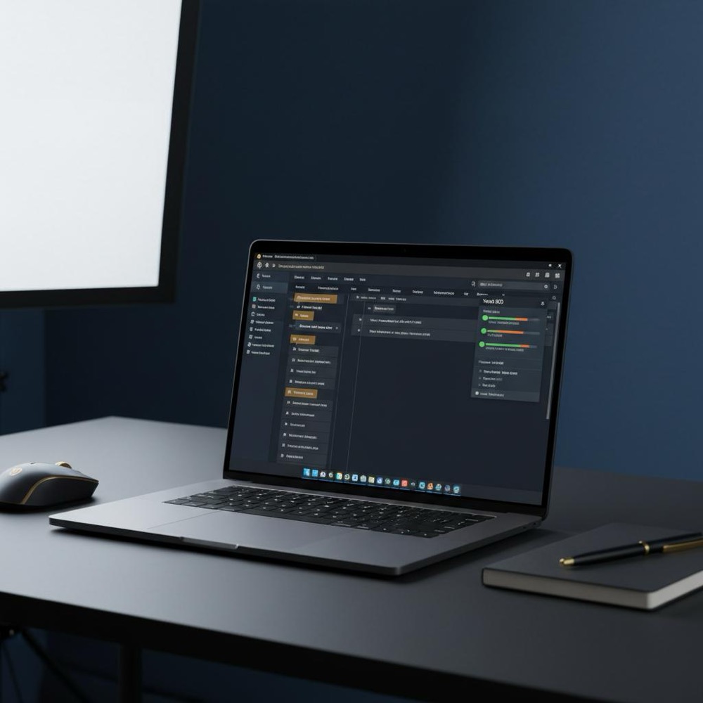 Close-up developer workspace with laptop showing WordPress editor and Yoast SEO panel, cool lighting, Orvus Ltd. brand colors #0B1E33 and gold #C8A45D