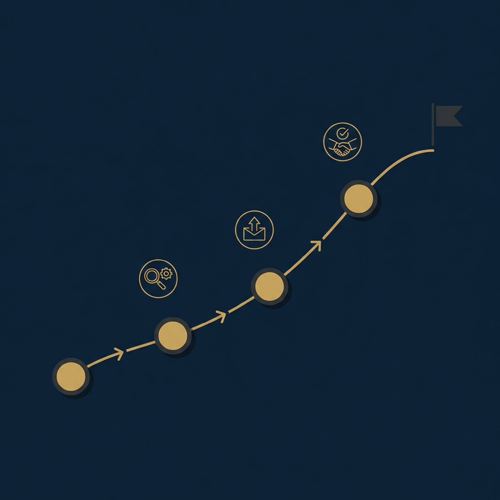 Minimal 2D vector infographic of hill climbing algorithm steps with ascending markers arrows and flag on dark navy background illustrating local search engine optimization