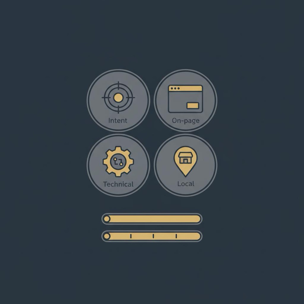 Minimal 2D vector infographic showing four icons for Intent, On-page, Technical and Local and a visual 30/90 day timeline for DIY SEO in Orvus Ltd brand colors.