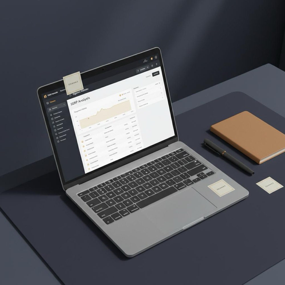 Minimalist workspace with laptop showing a SERP analysis dashboard, sticky notes and notepad with subtle #C8A45D accents - keywords for search engines
