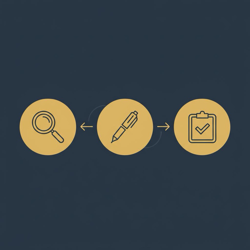 Surfer SEO minimalist vector infographic with three circular icons (search, pen, checklist) connected by arrows on a dark blue background