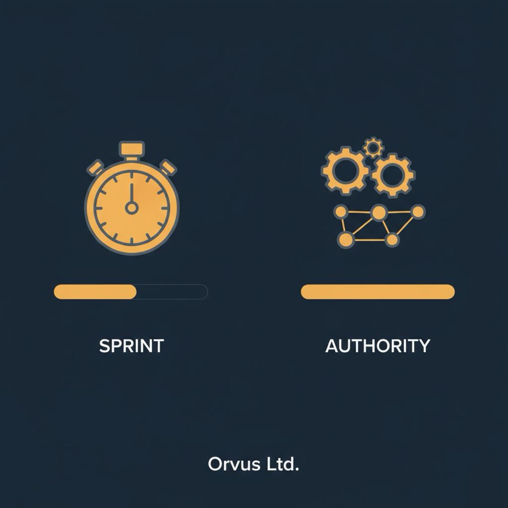 Minimal vector infographic for an seo plan: two-column visual showing a short-term sprint with a stopwatch icon and a long-term authority path with gears and link-node icons on dark blue background.