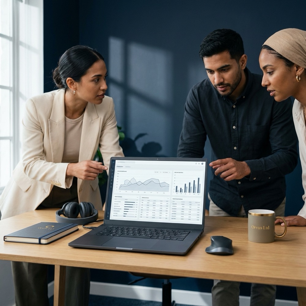 Marketing team collaborating over a laptop analytics dashboard in a minimalist navy office seo services provider reviewing performance metrics