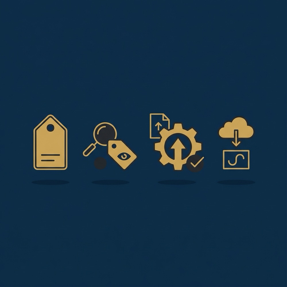 Minimal 2D vector infographic in Orvus Ltd brand colors showing three flat icons representing metadata search and optimization metatags no text