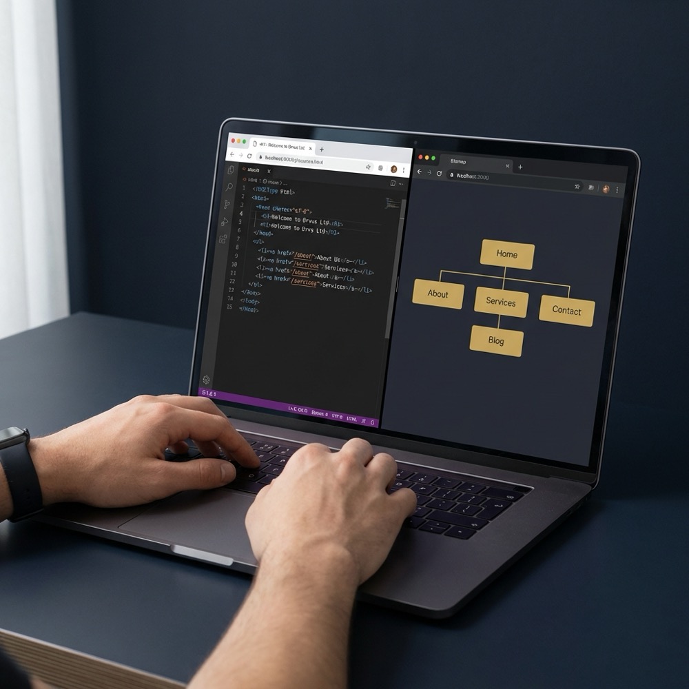 Developer viewing laptop screen with HTML page source and sitemap diagram on a minimalist dark navy desk for rankmath seo optimization
