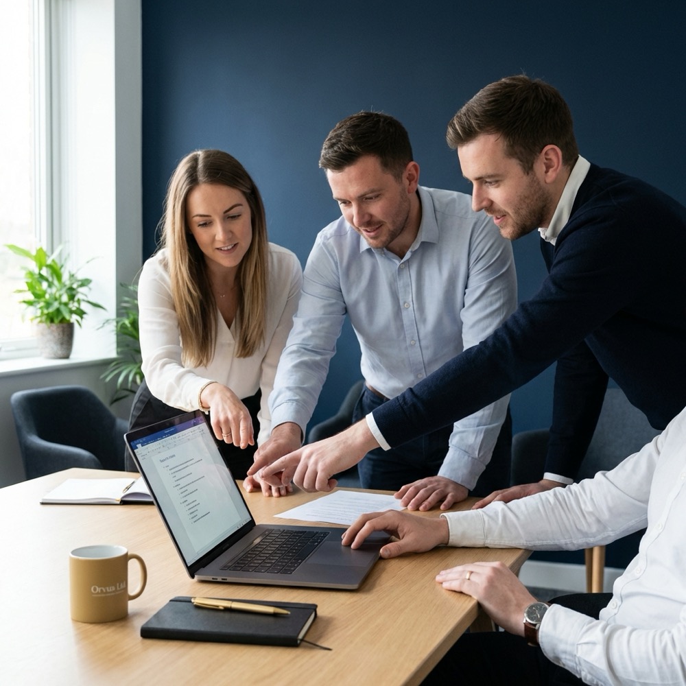 Small marketing team of three collaborating on a laptop to outline an article focused on seo copywriting in a minimalist Orvus Ltd styled workspace with deep navy background