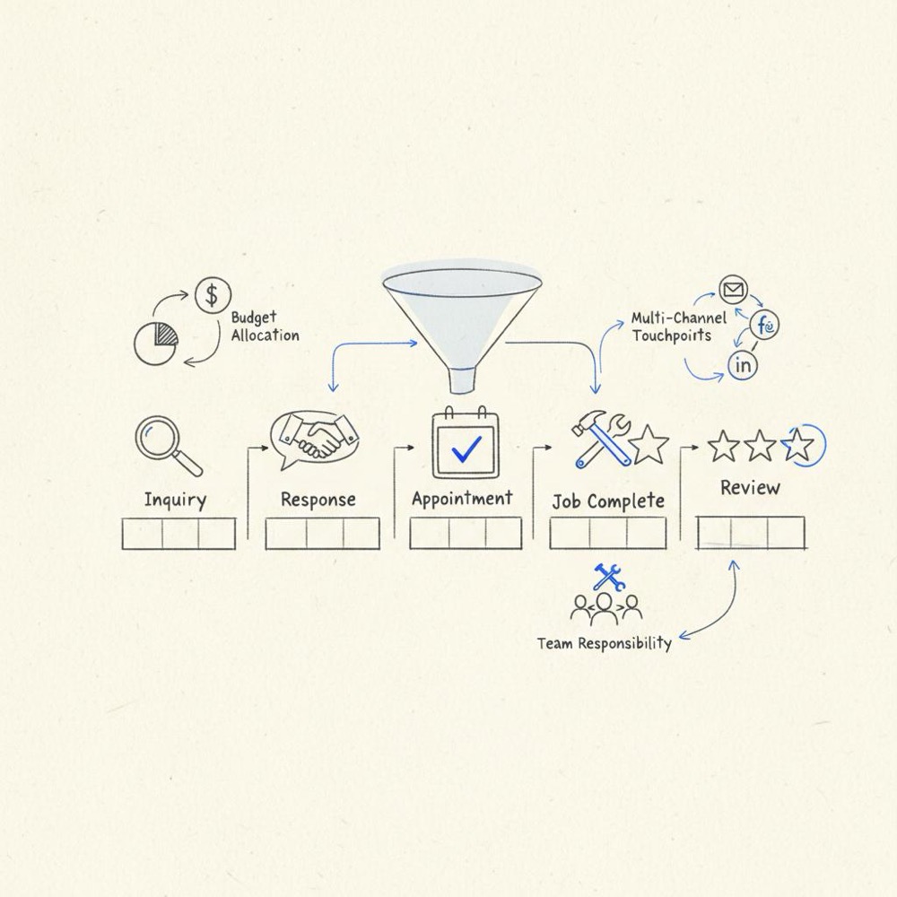 Notebook spread sketch of a customer journey map for local services with icons for inquiry, response, appointment, job complete and review, drawn in Agency Visible brand colors to promote services on Thumbtack