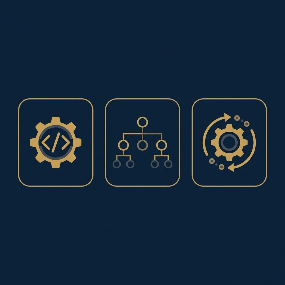 Minimal 2D vector infographic for seo agency showing three icons for technical SEO content architecture and automation on a dark blue background in Orvus Ltd brand colors