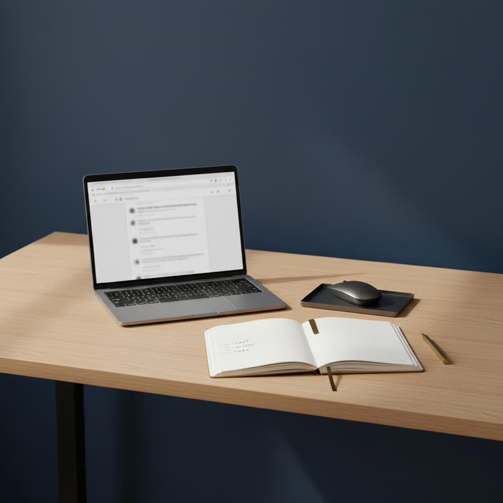 Minimalist modern desk with laptop showing blurred Google search results, notebook checklist (crawl, content, links) and Orvus-accent accessories, concept to pay Google for ranking