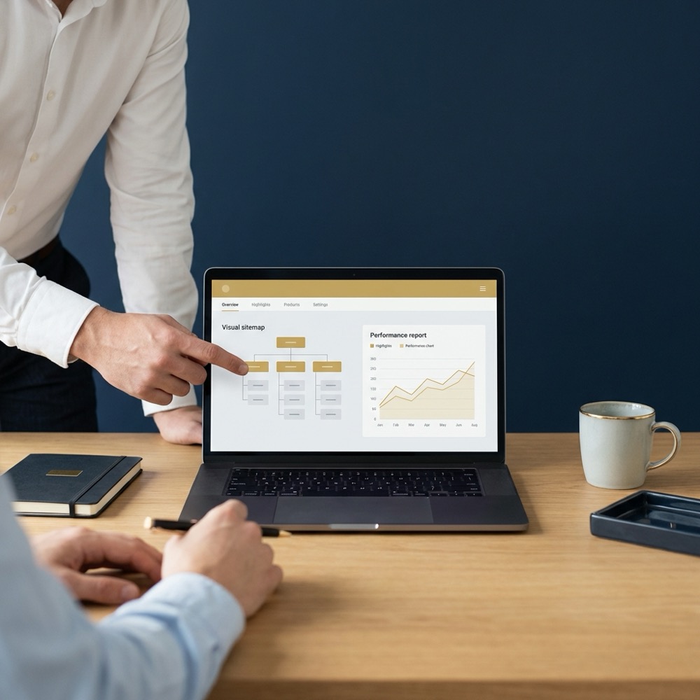 Product manager and developer reviewing sitemap and performance report on laptop in minimalist navy office with gold accents magento seo