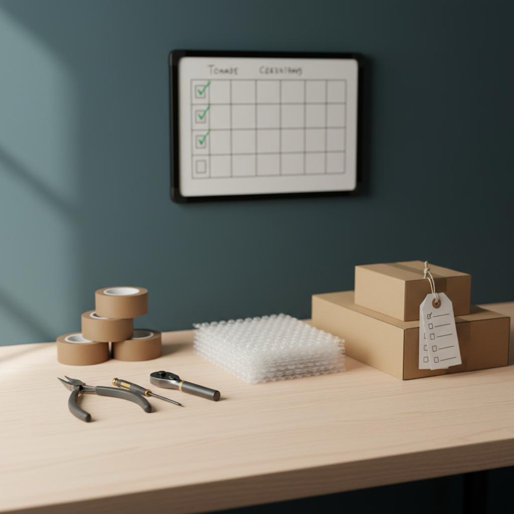 Tidy small workshop bench with tools, packing materials and a quality-check whiteboard in Orvus Ltd colors, staged to illustrate remove bad reviews concept.