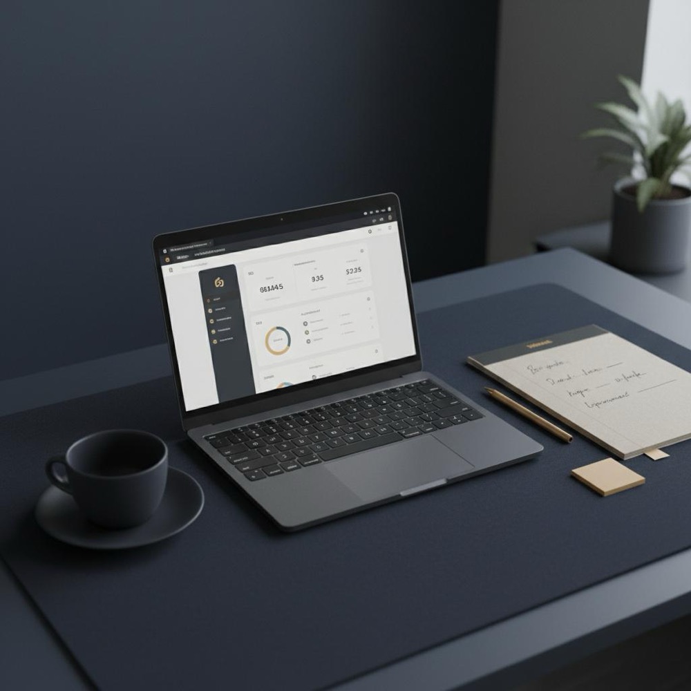 Compact minimalist home workspace with laptop showing a site audit report, notebook with handwritten notes, coffee cup and gold-accent pen. self-taught SEO
