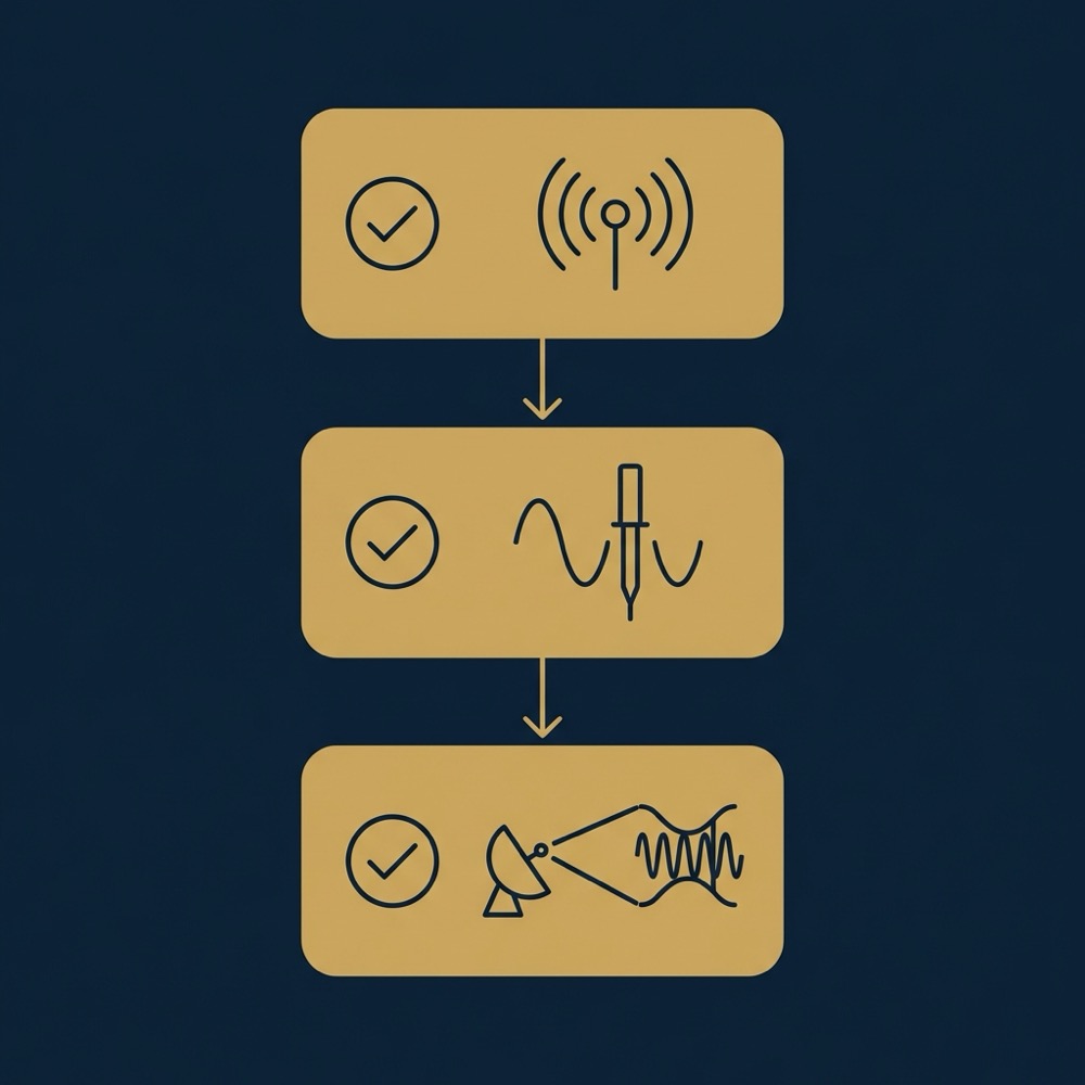 Minimal 2D vector checklist infographic showing three pilot steps with checkbox icons and a testing signal icon in Orvus Ltd brand colors best ai for writing