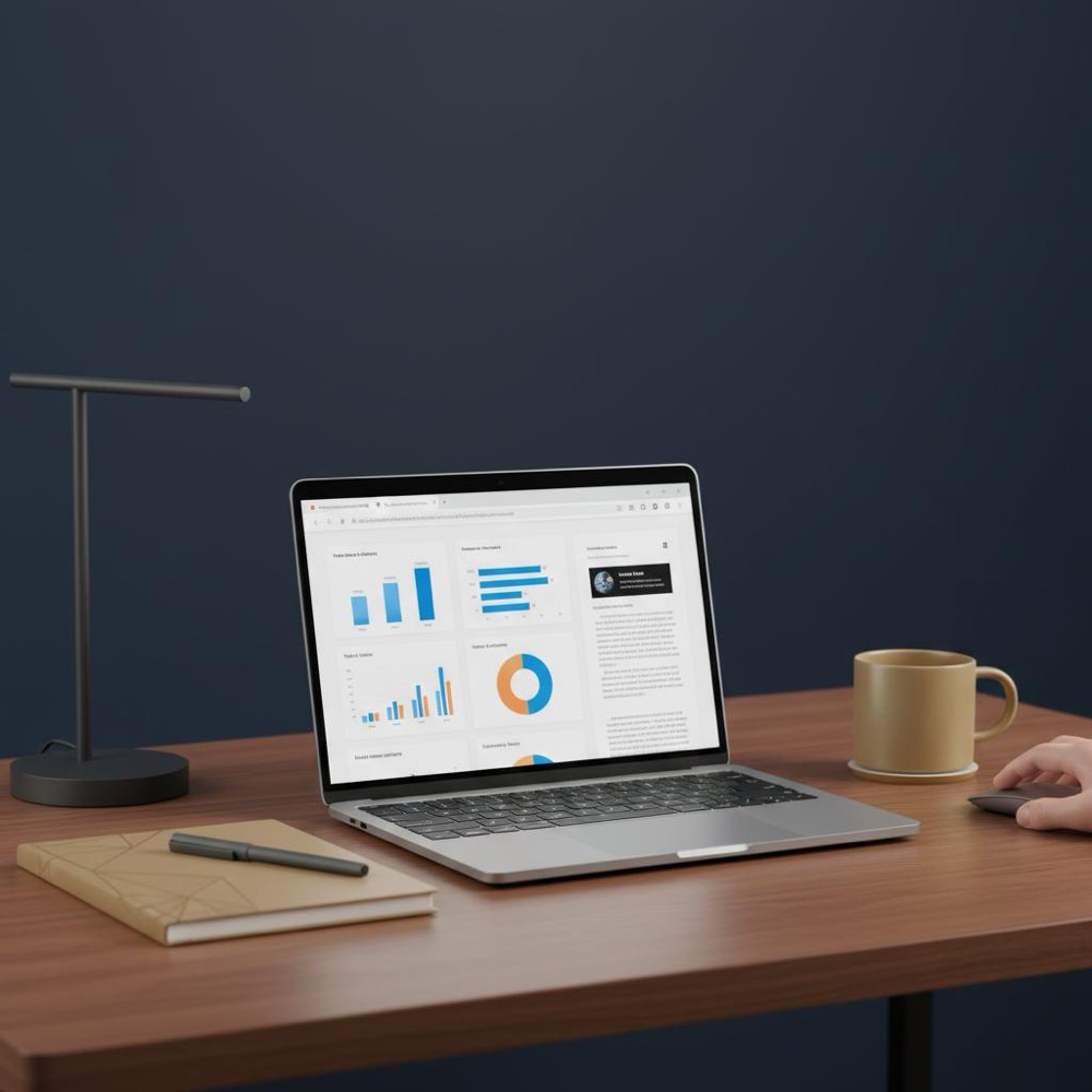 Minimalist workspace with laptop showing analytics and an article in browser, branded notebook and mug with #C8A45D accents - editorial image for types of backlinks