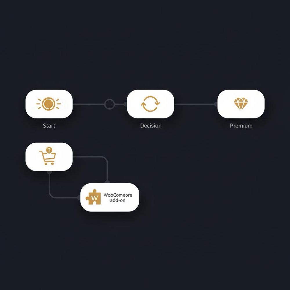 Minimal 2D vector decision flowchart for yoast seo pricing showing free, redirects check, premium and e-commerce add-on using Orvus Ltd brand colors