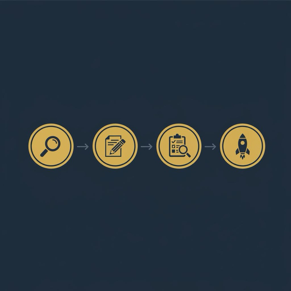 Minimal 2D vector infographic of a content workflow with four icon badges (analyze, draft, audit, publish) on Orvus Ltd. palette for surfer seo