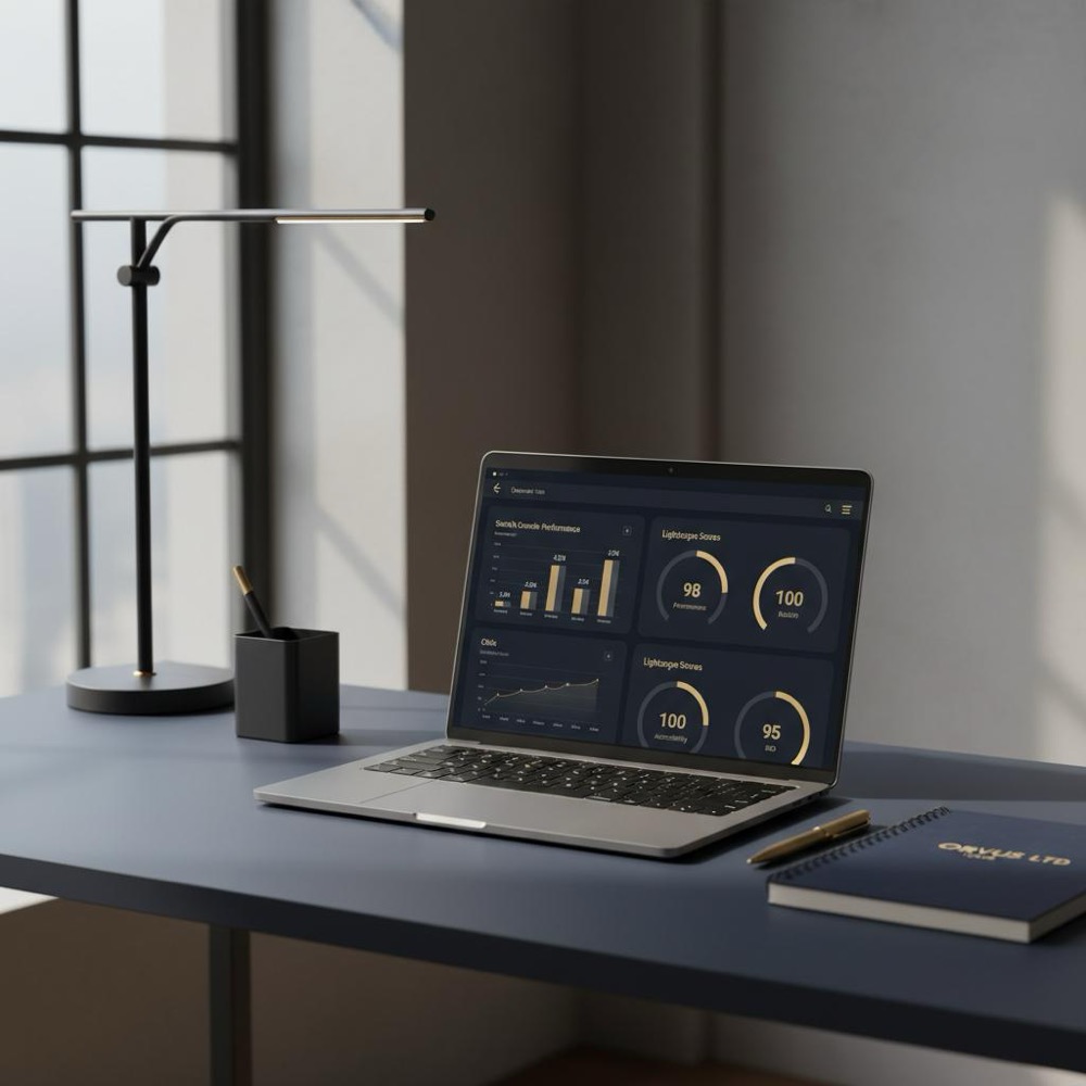 Minimalist workspace with laptop showing Search Console and Lighthouse dashboard charts, navy background and gold-accented desk items - 5 steps of optimization