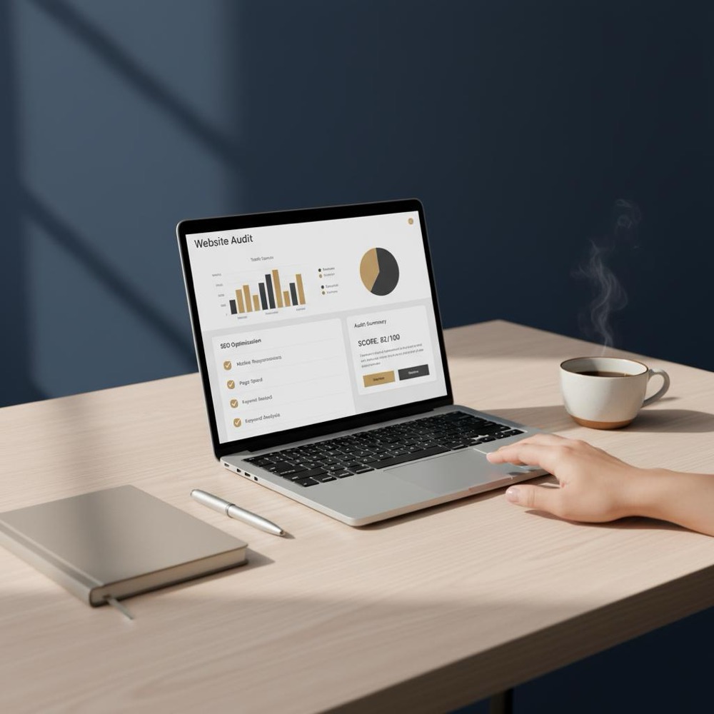 Minimalist workspace with laptop showing a website audit dashboard, notebook and coffee; a clean scene highlighting the four elements of a website audit in progress.