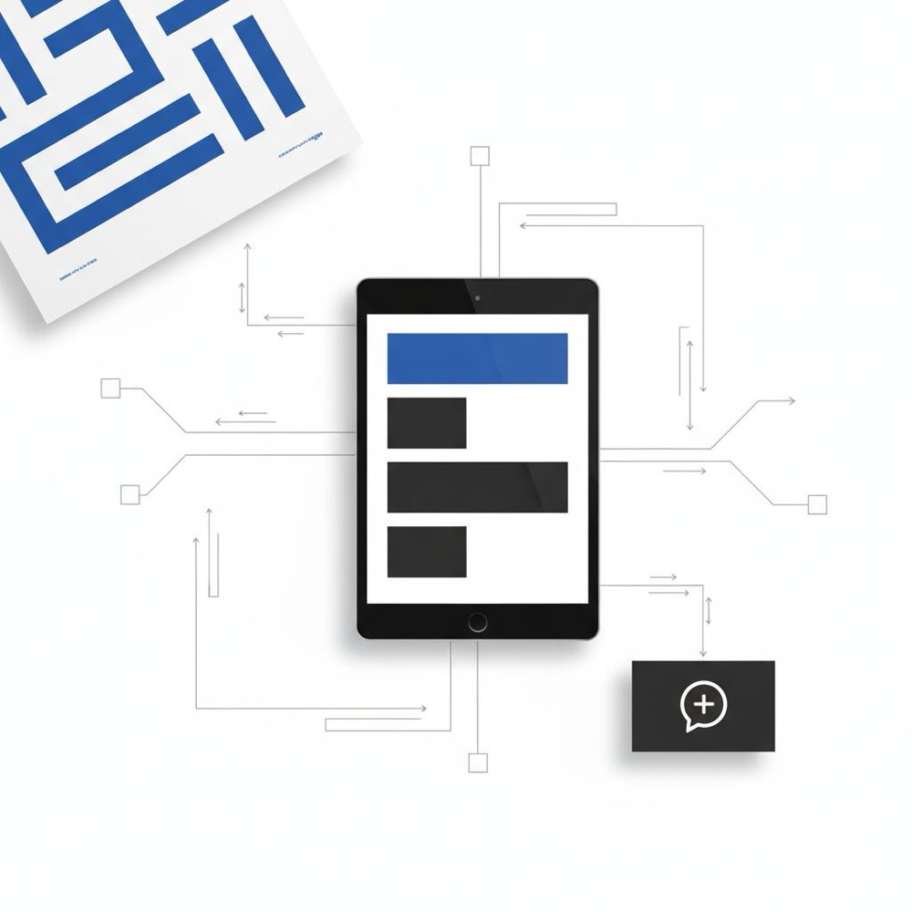 Minimalist vector flat-lay of a limited-edition art print, an email newsletter on a tablet accented with #1a5bfb, and a small invite card with a speech-bubble icon on white background illustrating artists leaving Instagram
