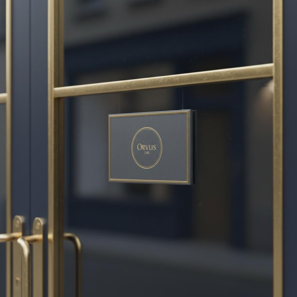 Close-up photo of a neat storefront with closed signage and subtle gold accents - does SEO work for small businesses? Minimalist navy facade, natural light, no people.