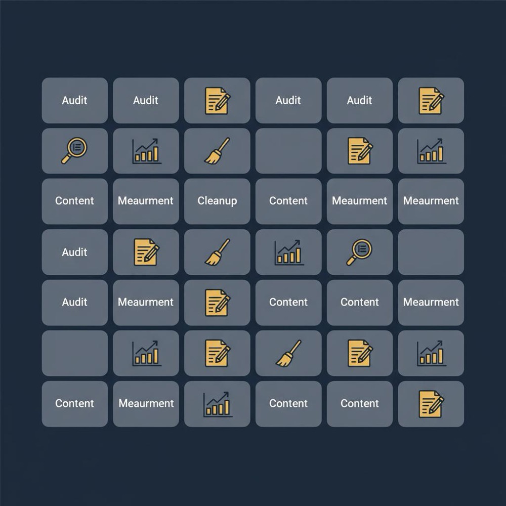 Minimal 2D vector 30-day calendar infographic with small icons for audit, cleanup, content and measurement, styled for reputation management in SEO on a dark navy background
