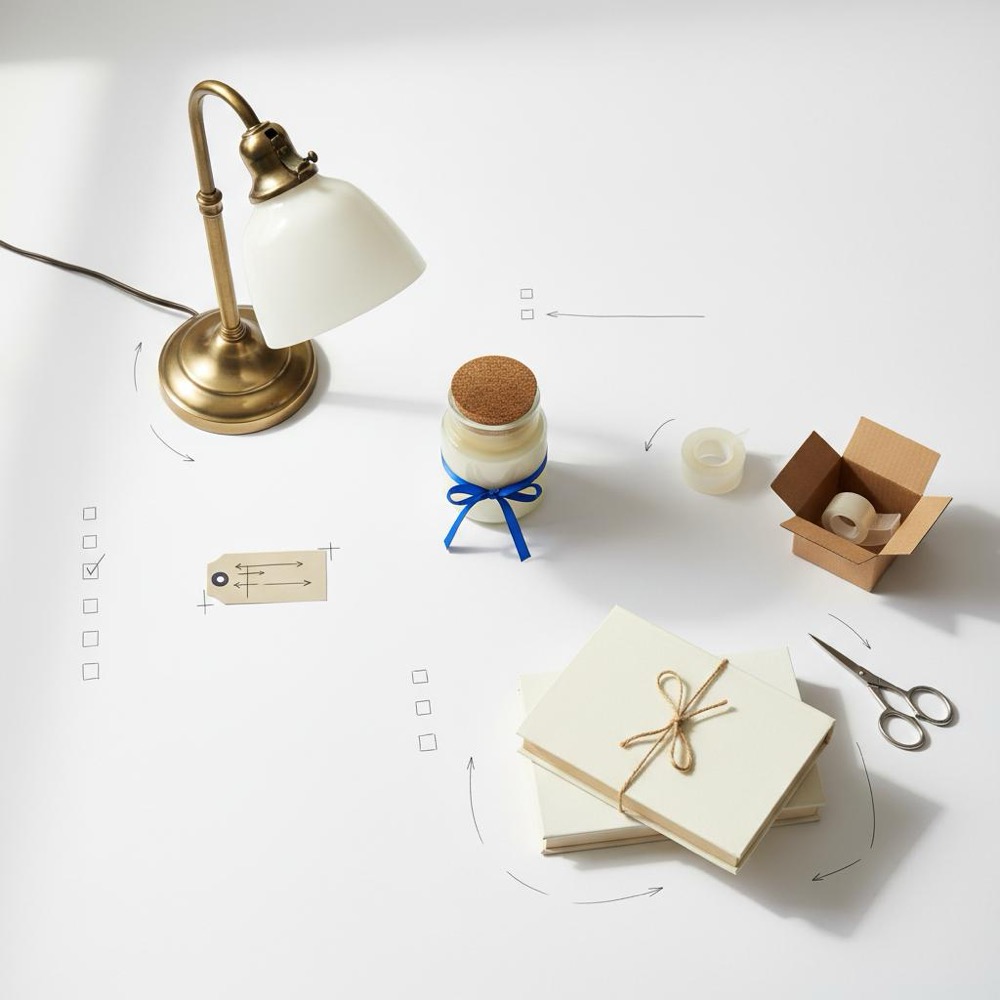 Is there a fee to sell on Nextdoor? Minimal white flatlay of a vintage lamp, handmade candle and books with shipping tools, dark-grey listing sketches and a #1a5bfb ribbon.