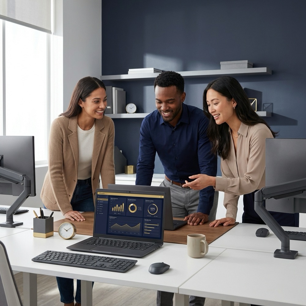 seo strategist and two colleagues reviewing website analytics on a laptop in a minimalist Orvus Ltd branded navy and gold workspace