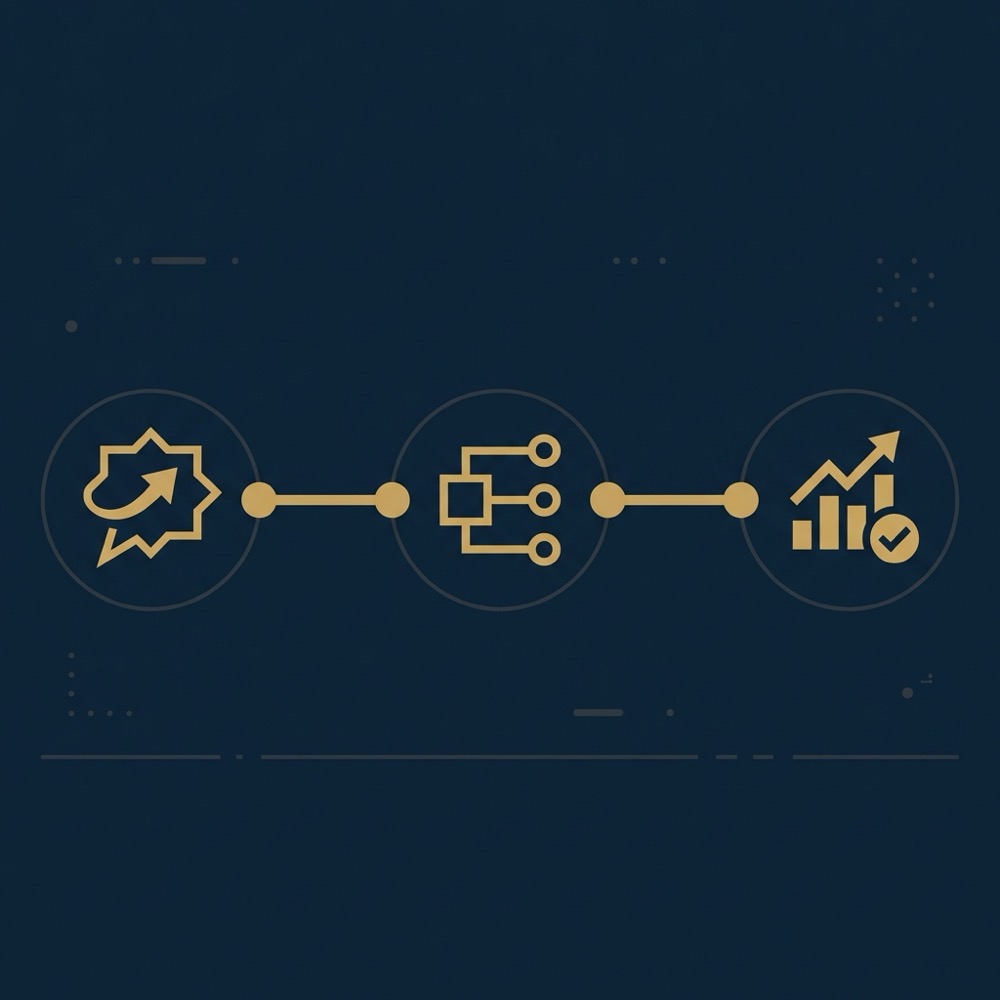 Minimal 2D vector infographic mapping user intent to featured snippet flow with icons for intent schema and measurement on dark blue background serp seo