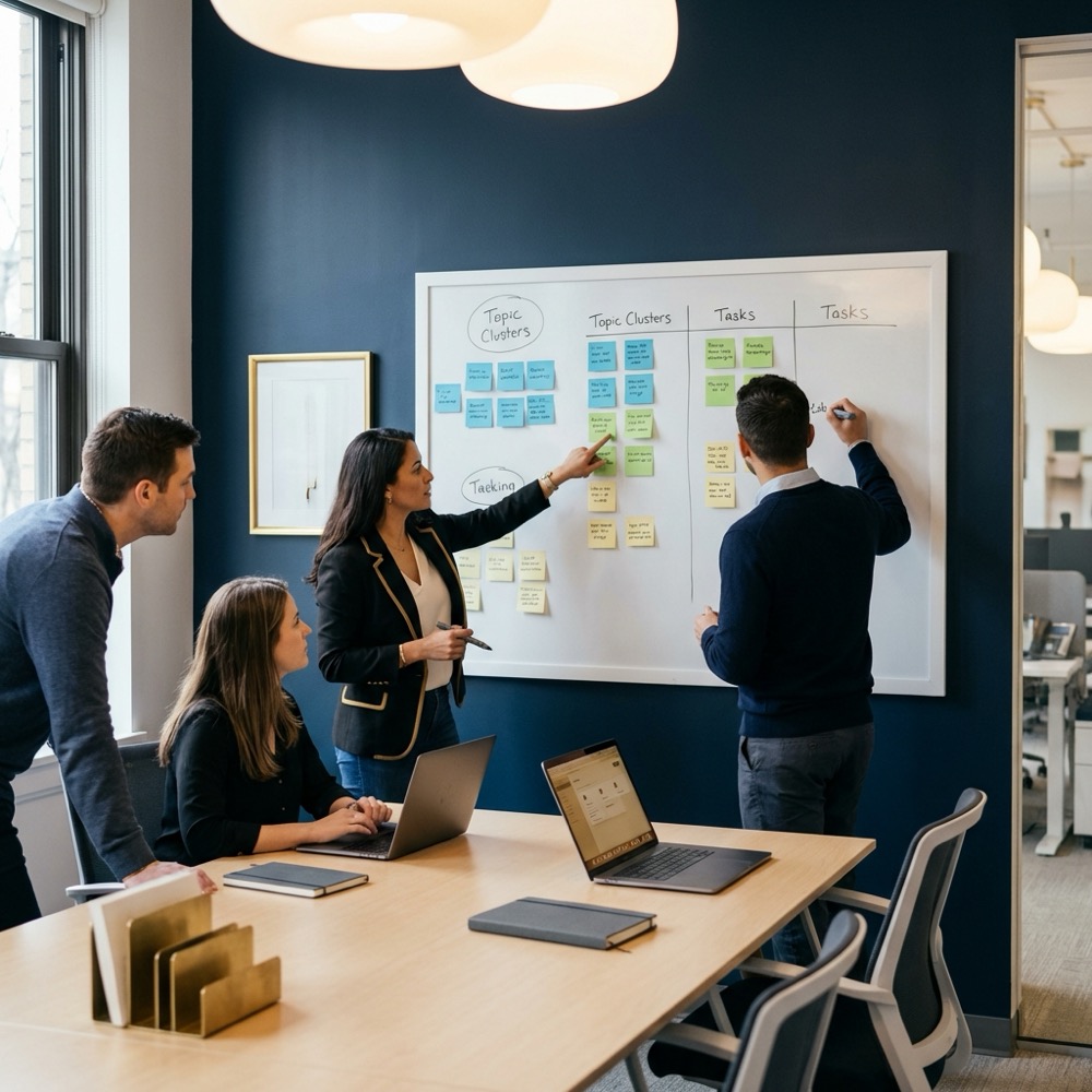 Small marketing team mapping topics and technical tasks on a whiteboard for organic search engine optimization in a minimalist Orvus branded meeting room