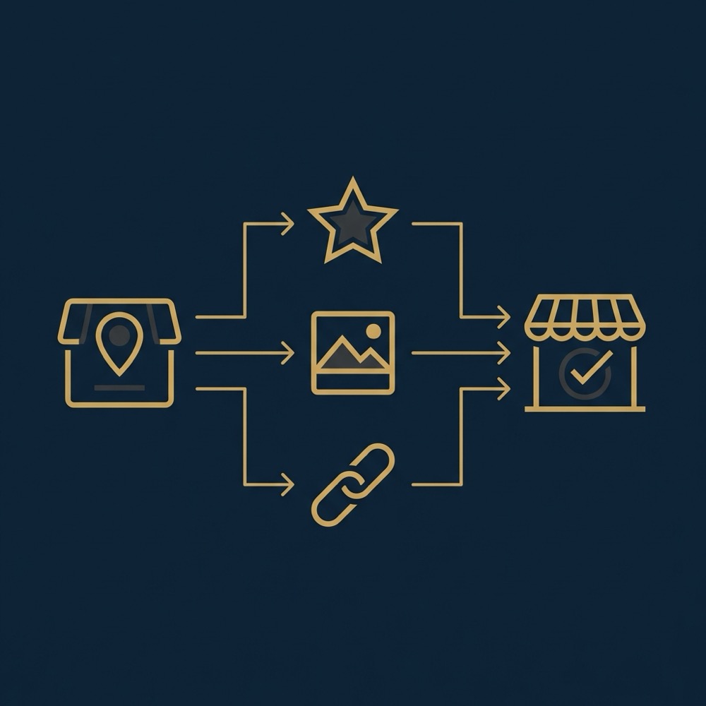 Minimal 2D vector infographic showing reviews photos and UTM tagged links illustrating Google Business Profile to website conversions in Orvus Ltd brand colors