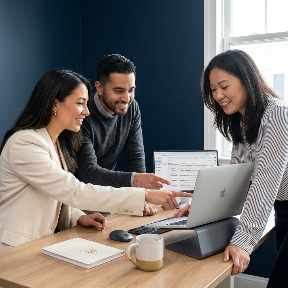 Small marketing team reviewing laptop subject lines for writing a hook in a minimalist navy and gold office