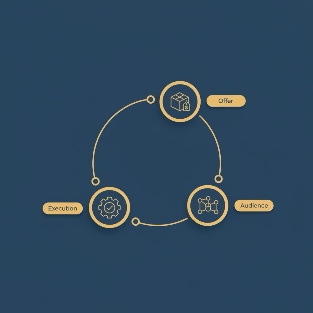 Minimal 2D vector infographic loop showing the 3-hour weekly cycle with three icons for offer, audience and execution in Orvus Ltd. brand colors