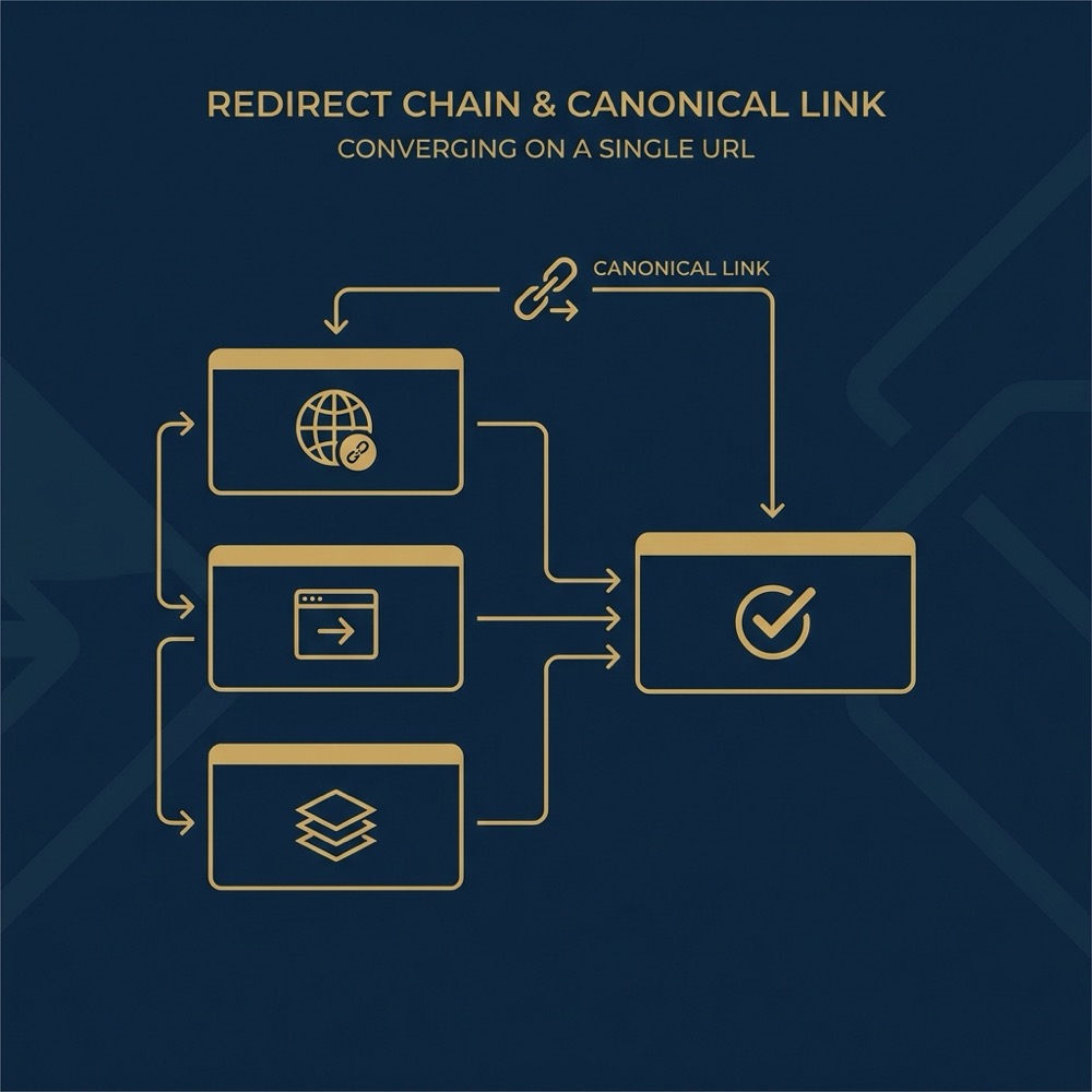 Minimal 2D vector infographic of a redirect chain converging into one canonical URL with arrows and icons in Orvus Ltd brand colors canonicalization seo